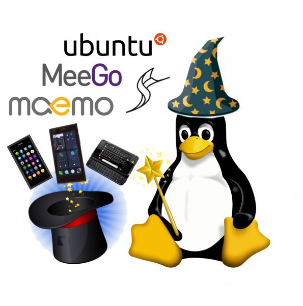 Linux mascot with various mobile OS logos